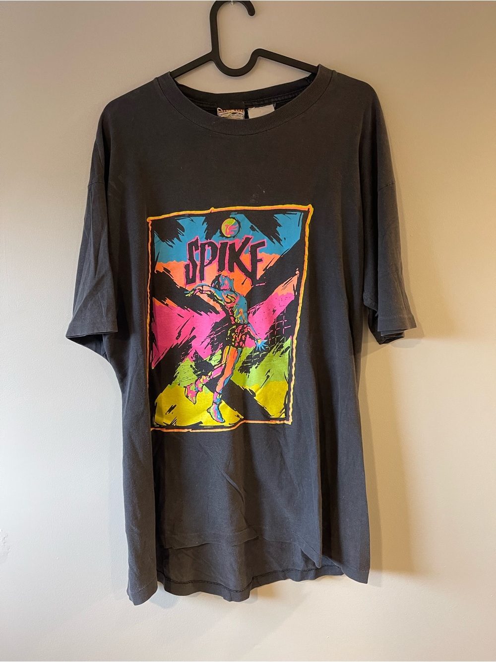 Vintage Black Graphic Tee with Neon Spike Design